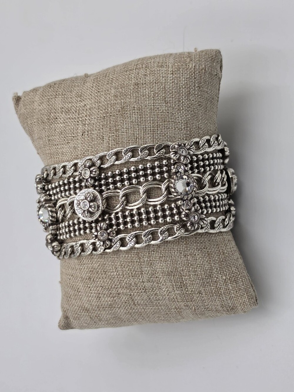 Brighton Silver Wide Chain Multi Row Swarovski Crystal Bracelet